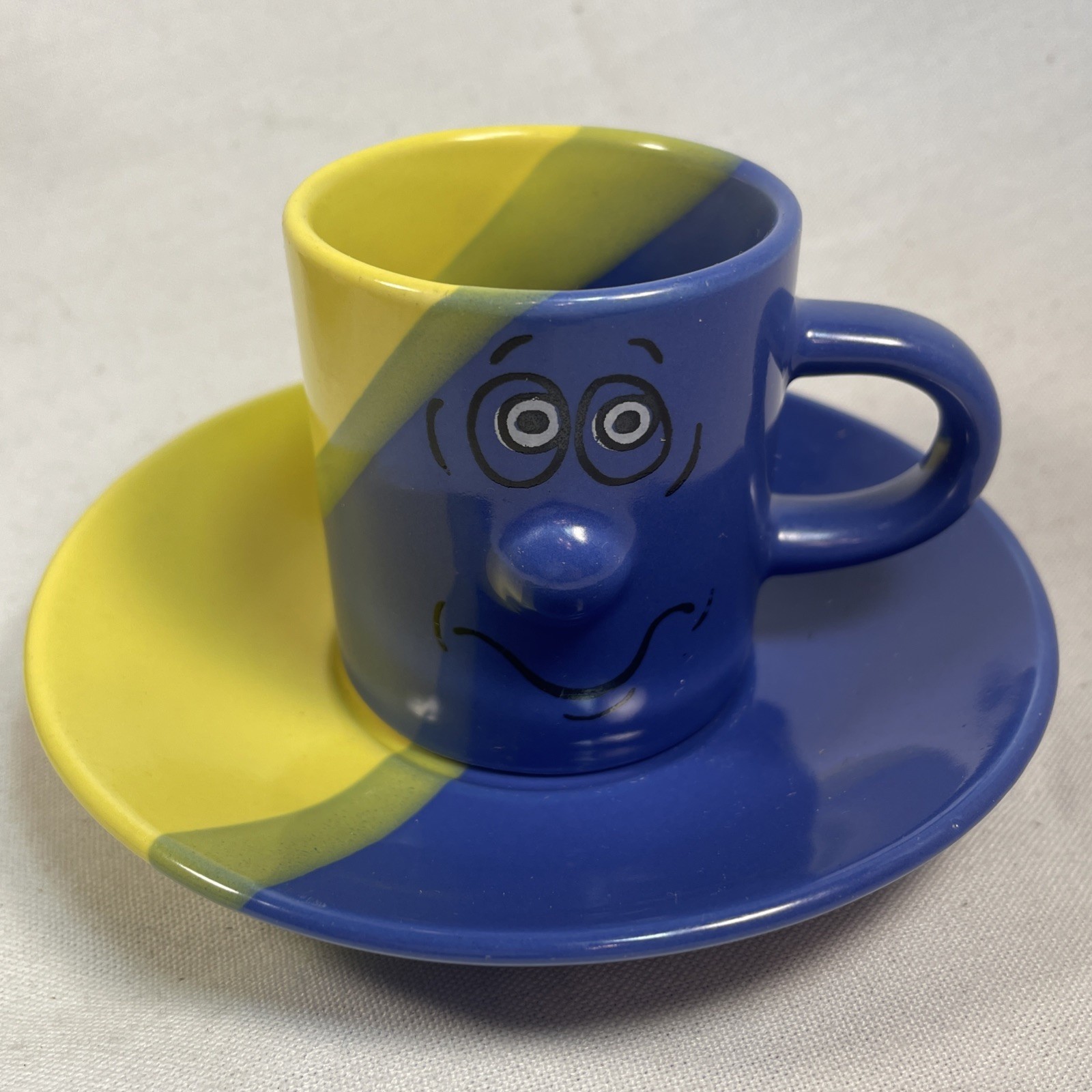 Funny Face Espresso Demitasse Coffee Mugs~Matching Saucers Ceramic 2.25” Kitschy