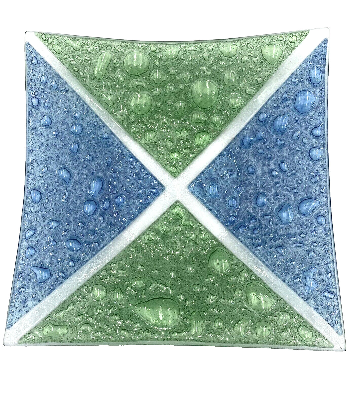 Fused Art Glass Plate, 9″ Curved Square, Green, Blue and Clear Glass w/Bubbles
