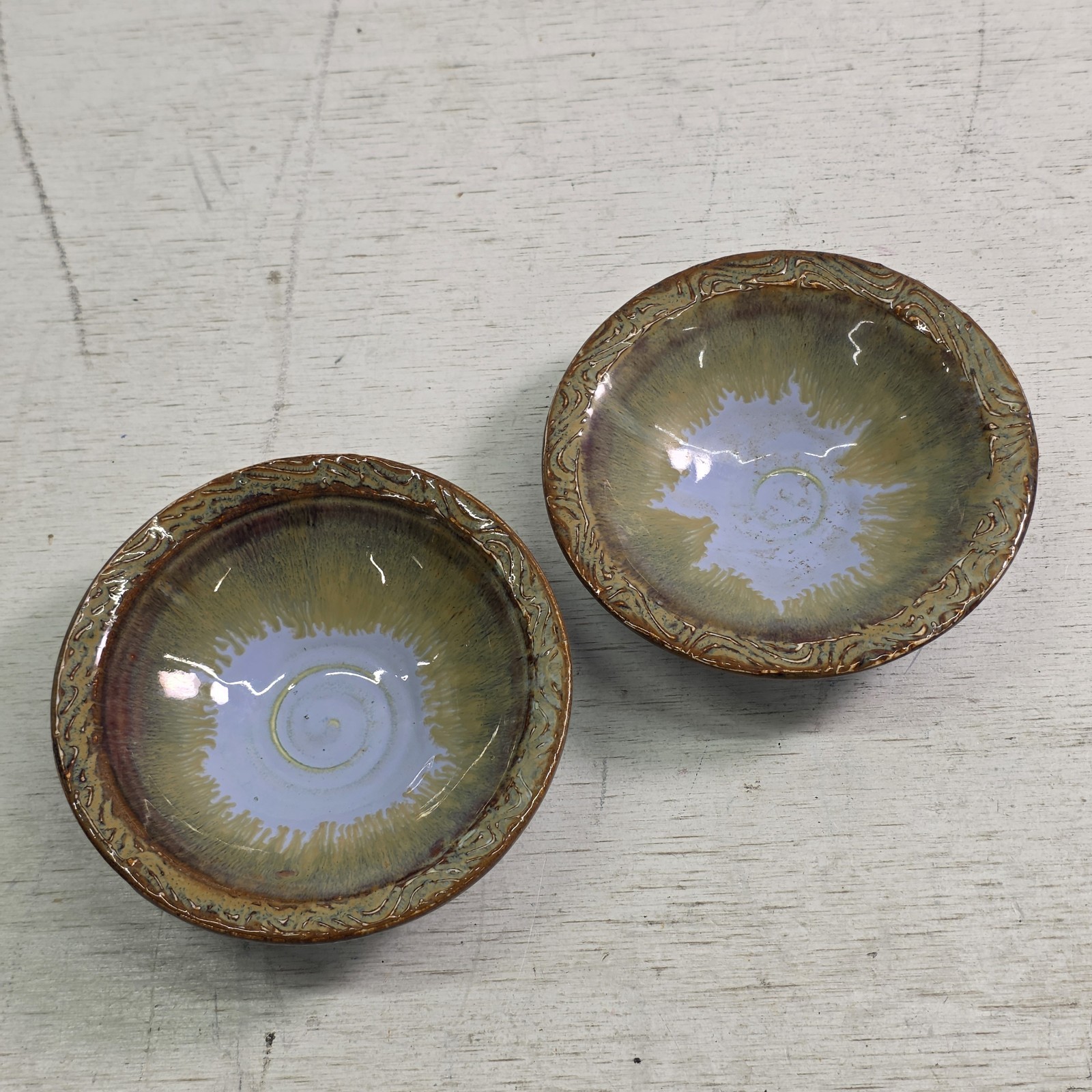Handmade Studio Pottery Small Bowls Set of 2 Signed Rhodes Drip Glaze 5″ EUC