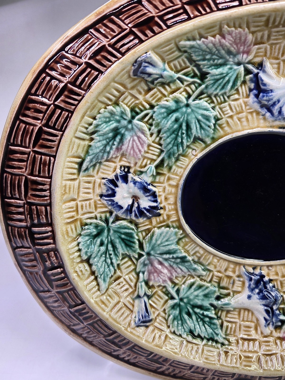 Antique Oval Majolica Basket Weave Footed Platter Floral Bread Bowl Cobalt 12¾”