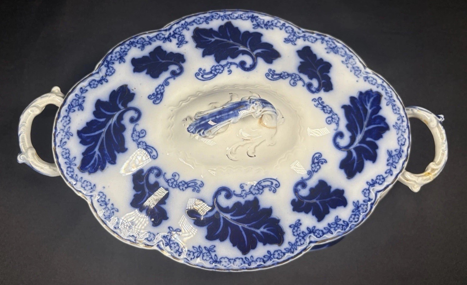 Antique Johnson Bros Normandy Flow Blue Oval Covered Vegetable Bowl Dish 11.5”