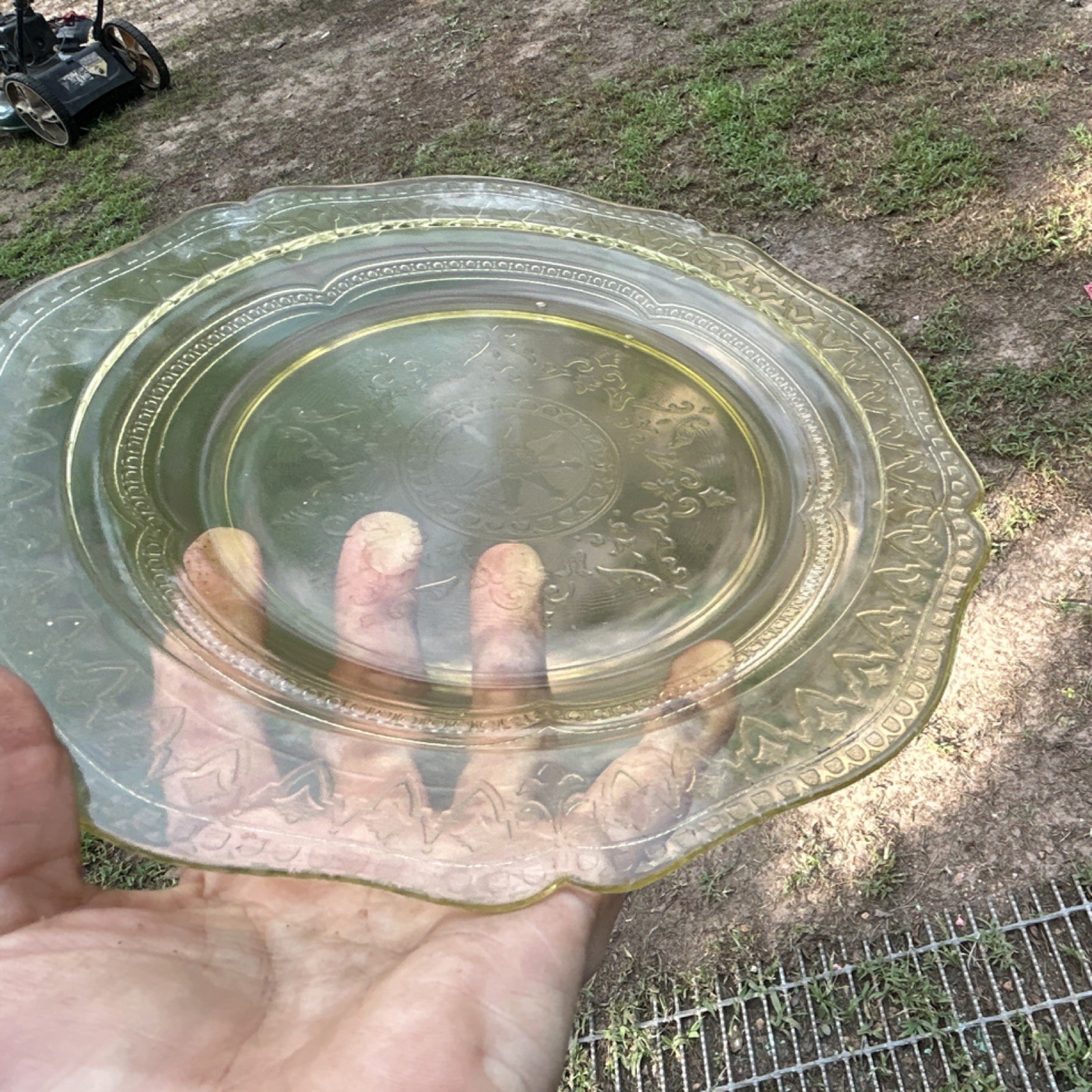 Clear Pressed Glass Floral Round Plate, Embossed Center, Scalloped Rim