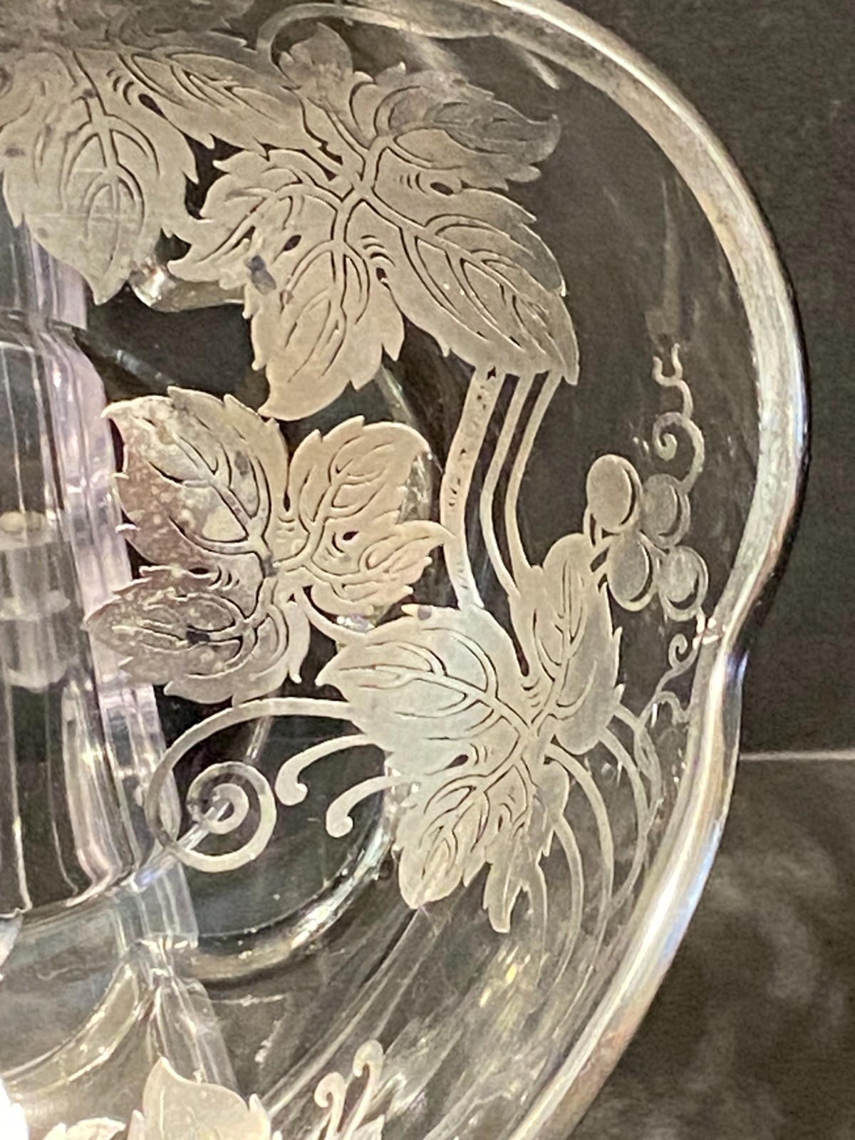 Vintage Silver Overlay Glass Candy Nut Dish Grape Vines Leaves Grapes