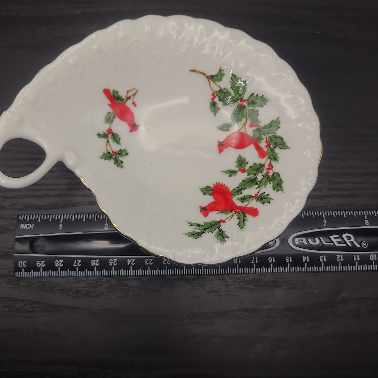 Vintage 1988 Lefton Bone China Red Cardinals & Holly Trinket Dish