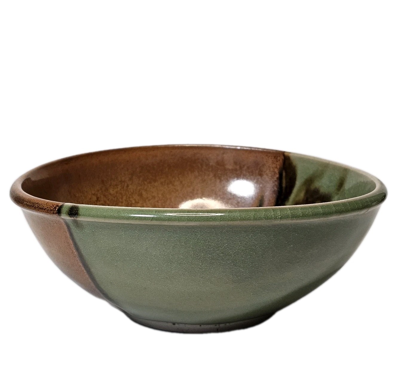 Studio Art Pottery Golden Green & Brown Drip Crackle Glaze Ceramic Bowl