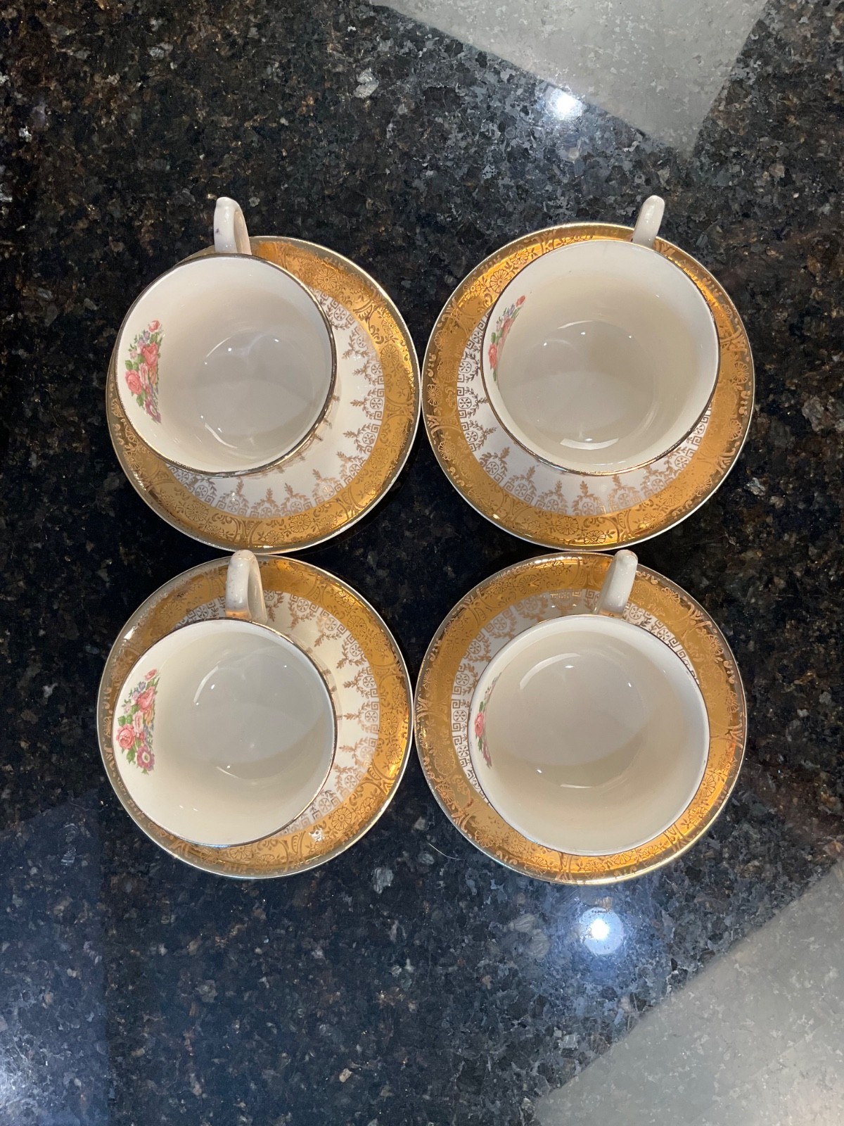 Vintage Sabin Cert-O-Gold 22K Gold Floral Tea Cups & Saucers Set of 4 USA