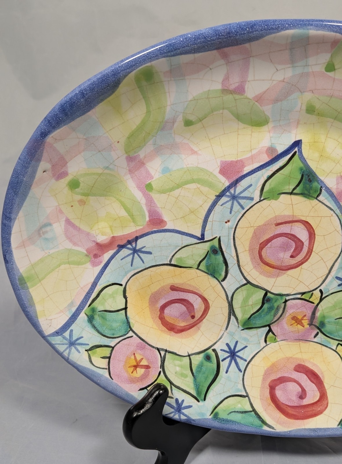 Damariscotta Pottery Platter Floral & Leaf Design Majolica Crackle Glaze 1992