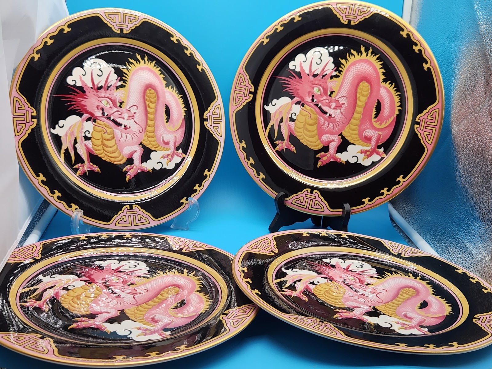 Sterling China Pink Dragon Dinner Plates Set of Four 11 1/2 Inches