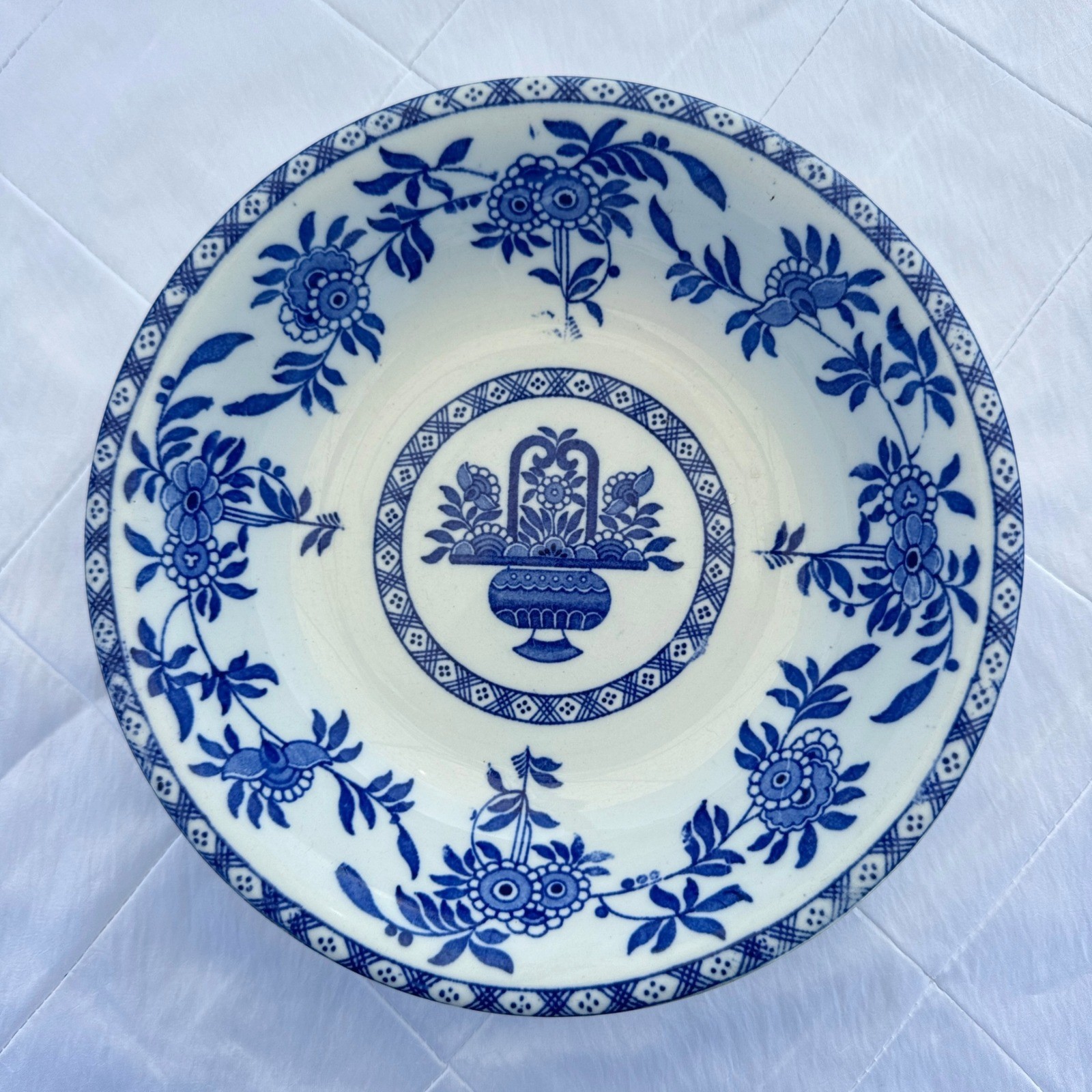 Blue Basket Vintage Ceramic Bowl Unisex OS Blue White Transferware Floral 1980s