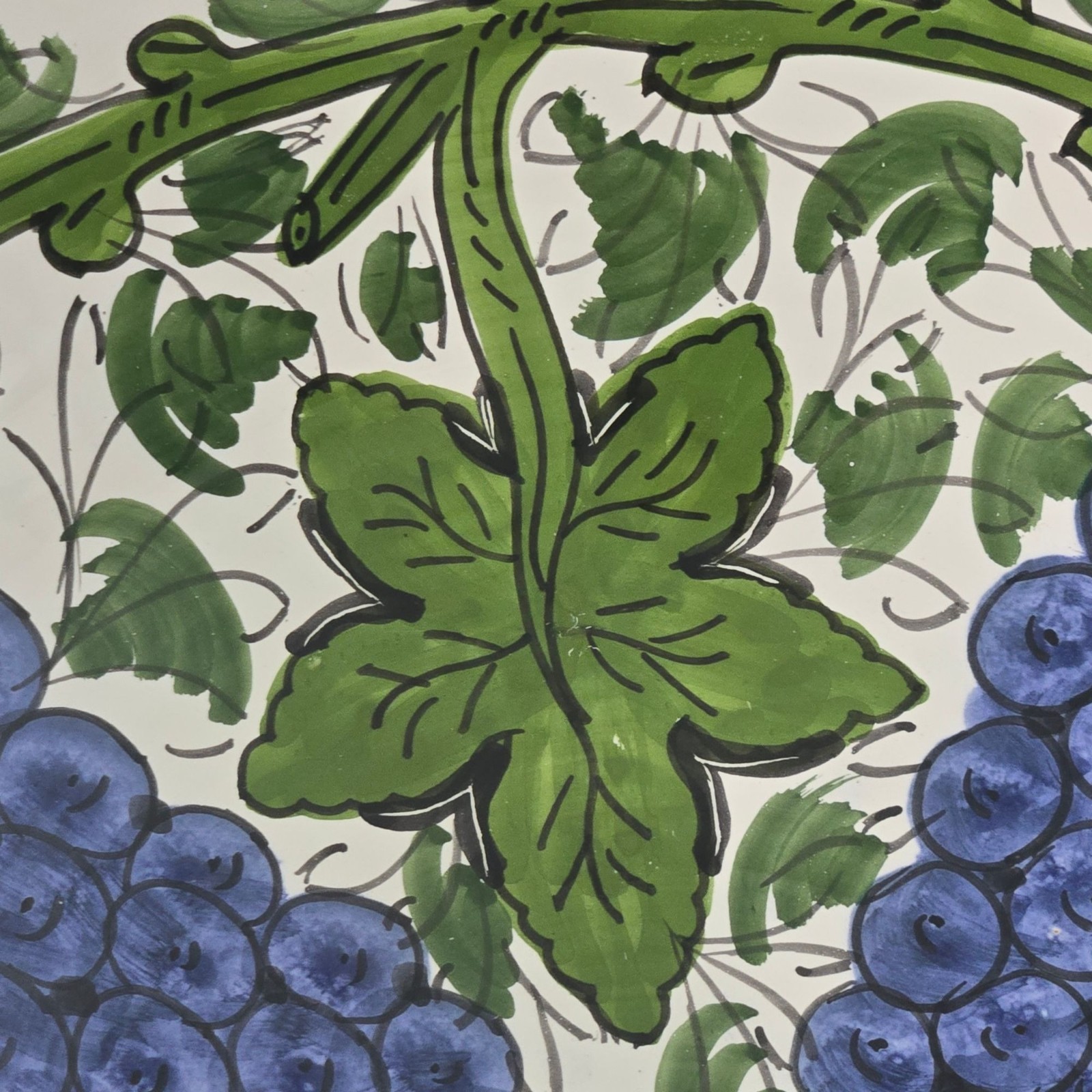 Vintage Le Souk Ceramique Tunisian Hand-Painted Pottery Bowl Blue Grapes Leaves