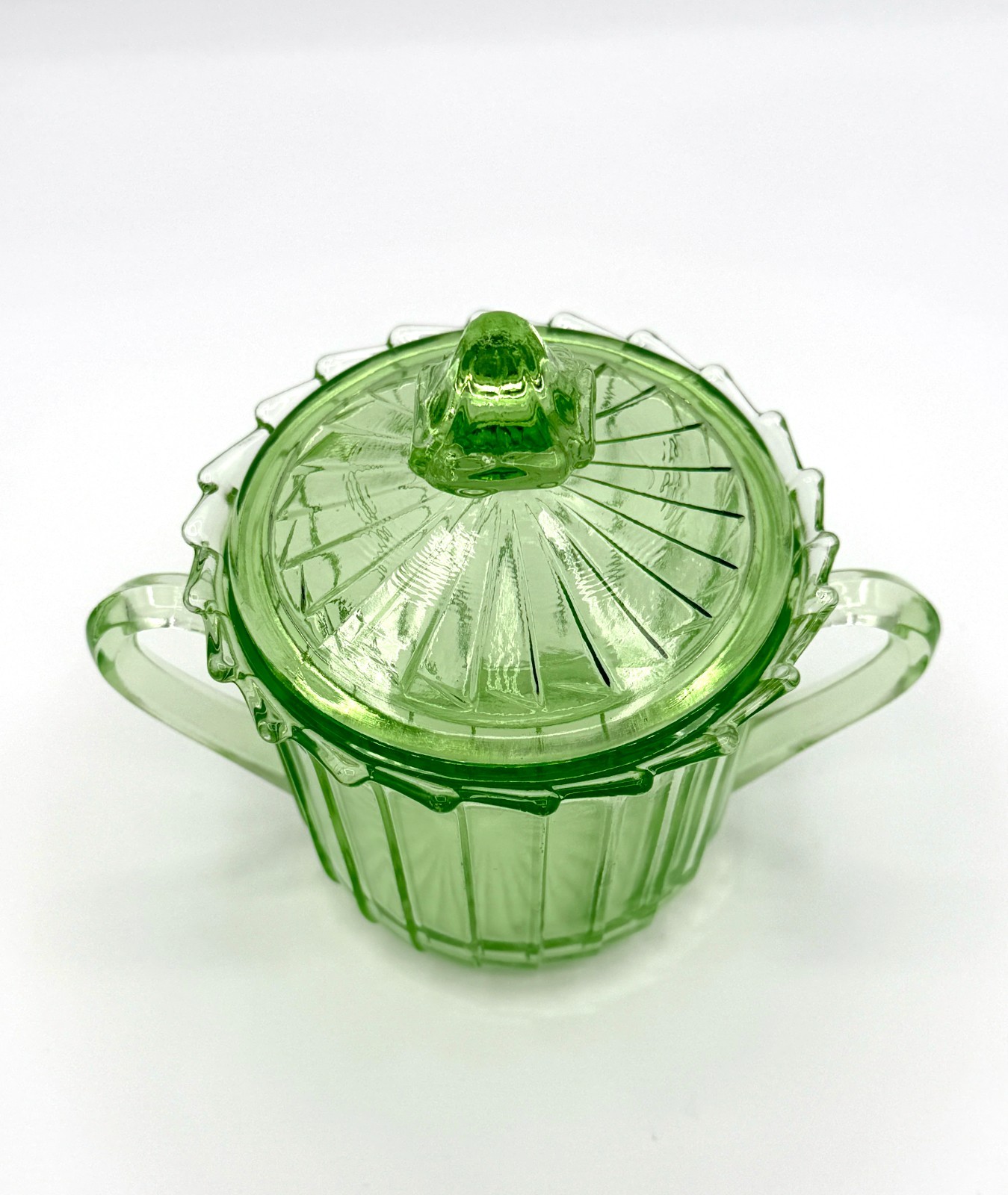 Uranium Jeannette Sierra Green Depression Glass Lidded Sugar Bowl | Pinwheel