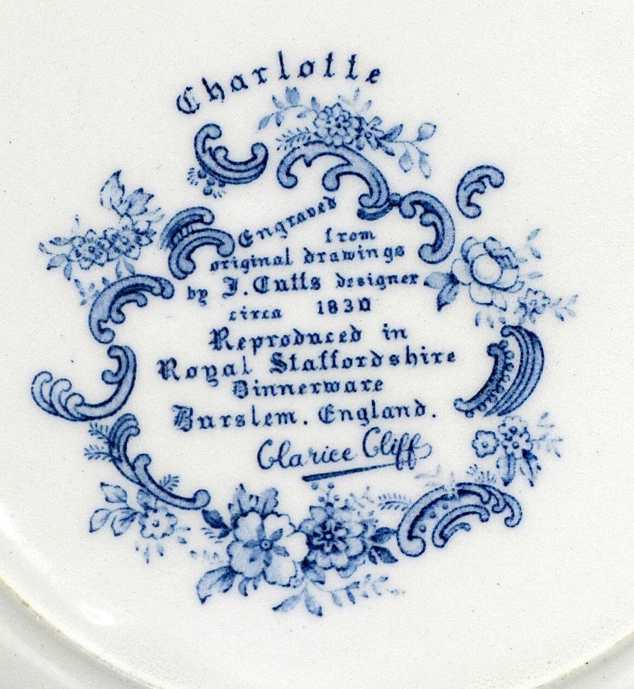 Set 6 Antique Clarice Cliff Charlotte Blue Transferware 10” Dinner Plate England
