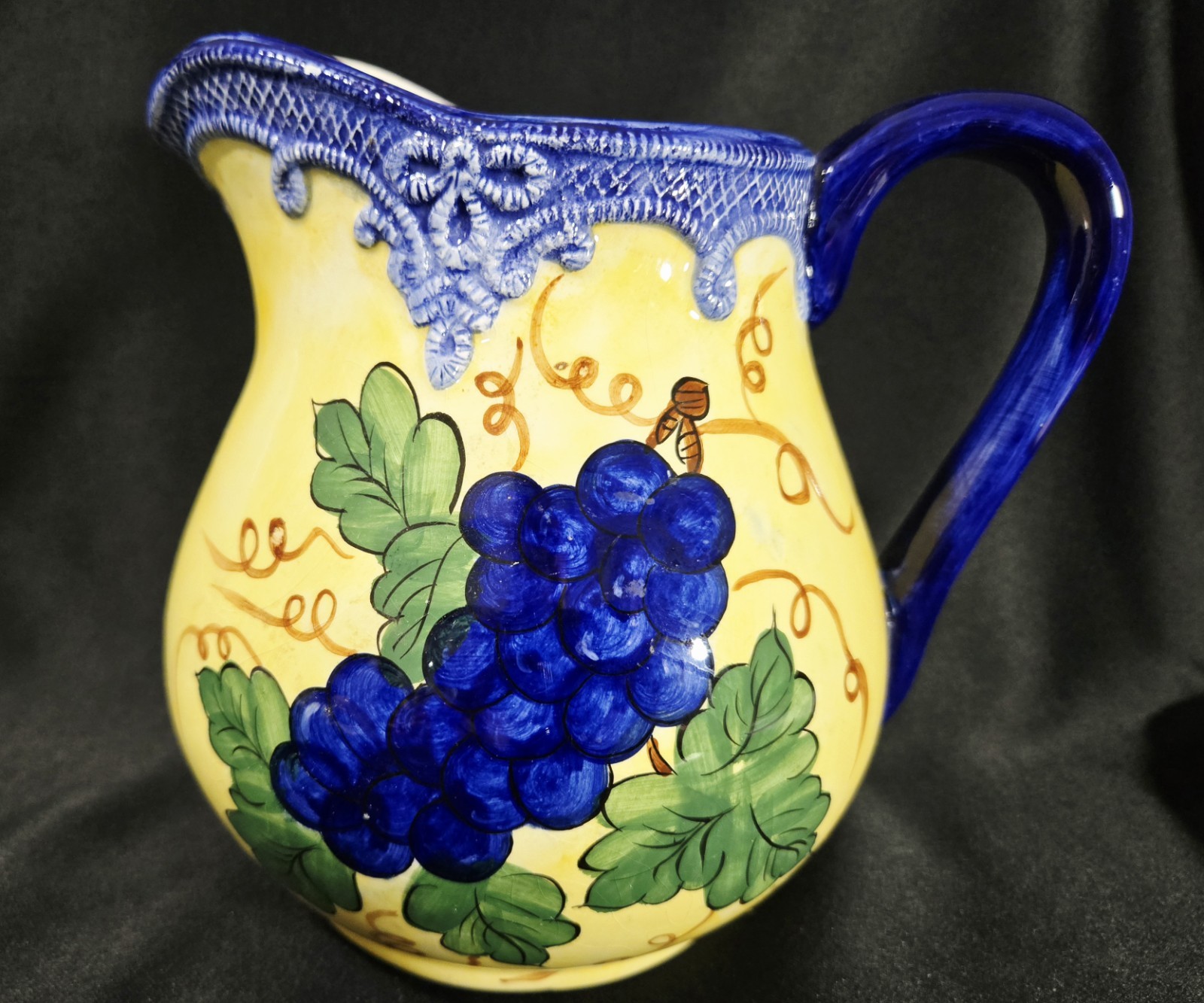 MINT VTG Pitcher With Grapes Hand Painted Rare Yellow/Cobalt Blue Braided Trim