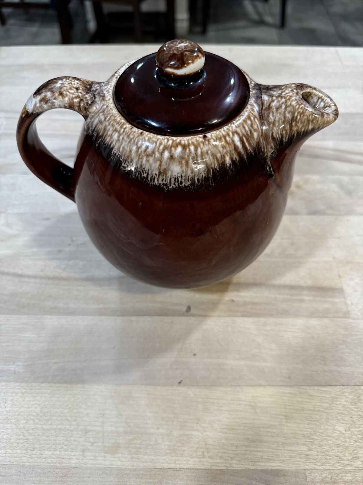 Vintage Hull Pottery Brown Drip Ball Shaped Tea Pot & Lid Oven Proof USA