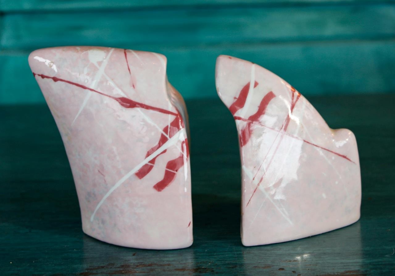Set/2 Vintage Art Pottery Asymmetrical Fitted Pink Splatter Salt Pepper Shakers