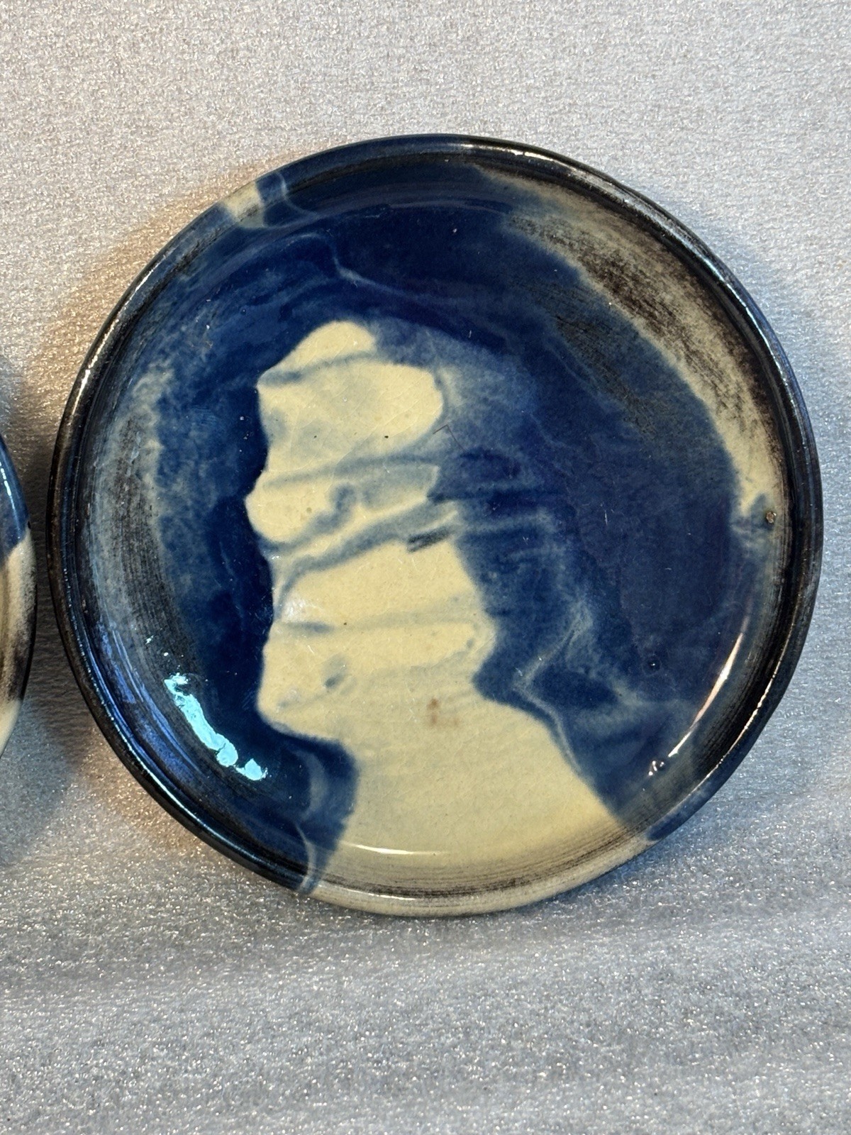 Studio Ceramic Pottery 2 cups & 2 Saucers Hand-Made Brown Blue Yellow
