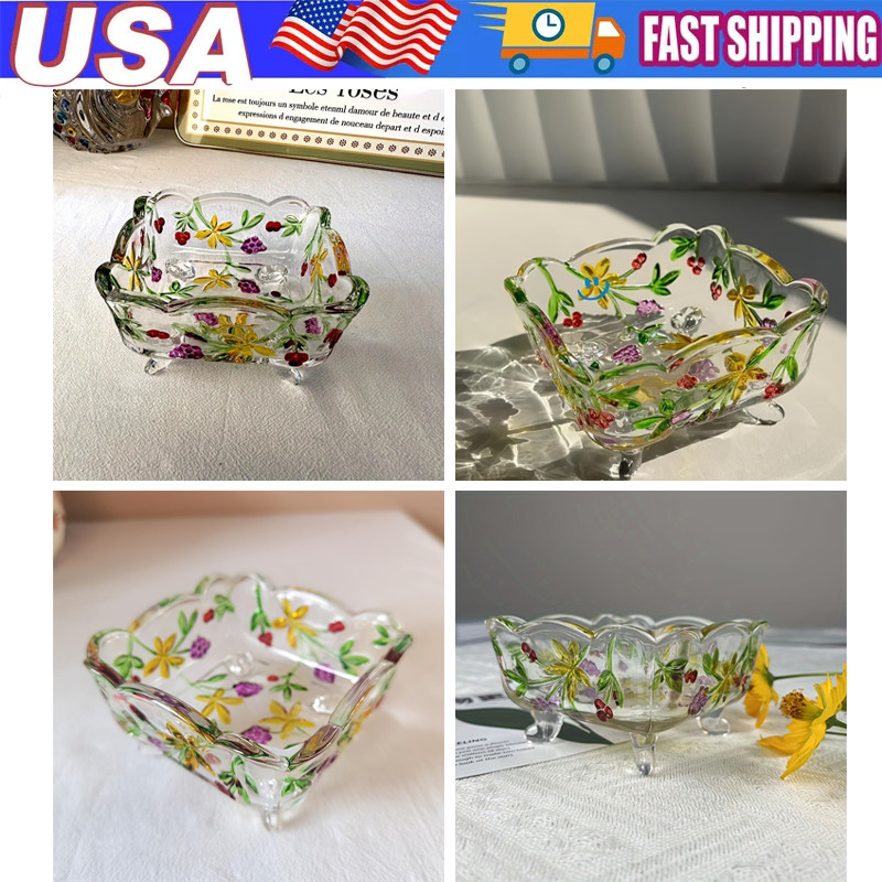 Glass Salad Bowl With Vintage Floral Serving Dish Fruit Bowl Colorful Home Decor