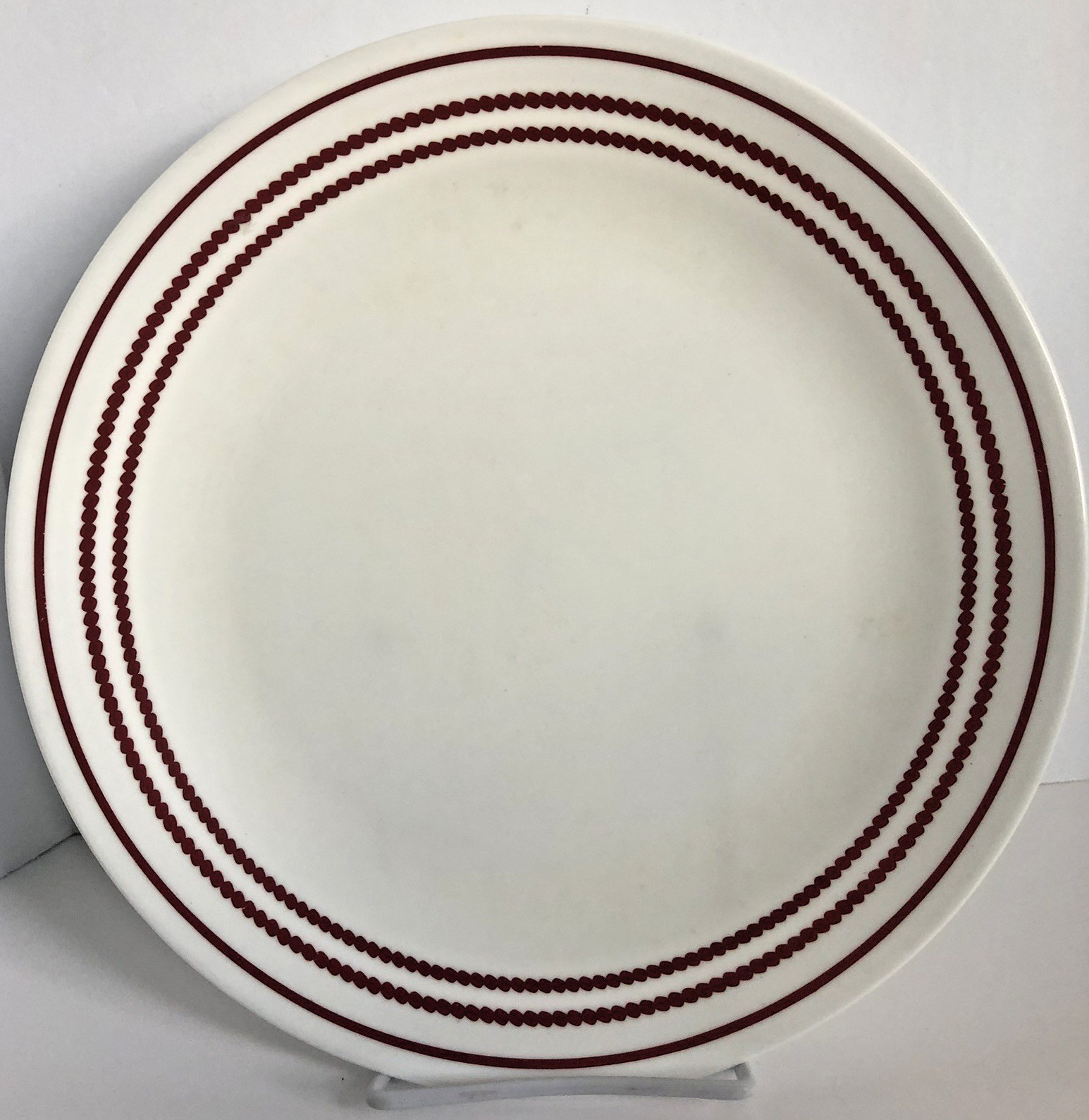 Corelle Corning Ruby Red Stripe Dinner Plate 10.25″ USA White Red Bands On Rim