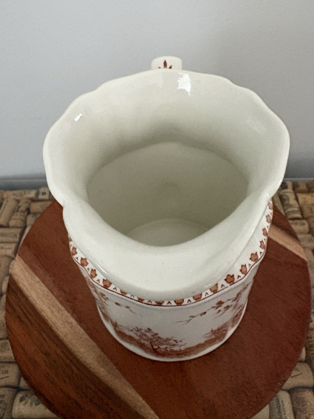 White & Brown Ceramic Floral Transferware Pitcher, Glossy Decorative Finish