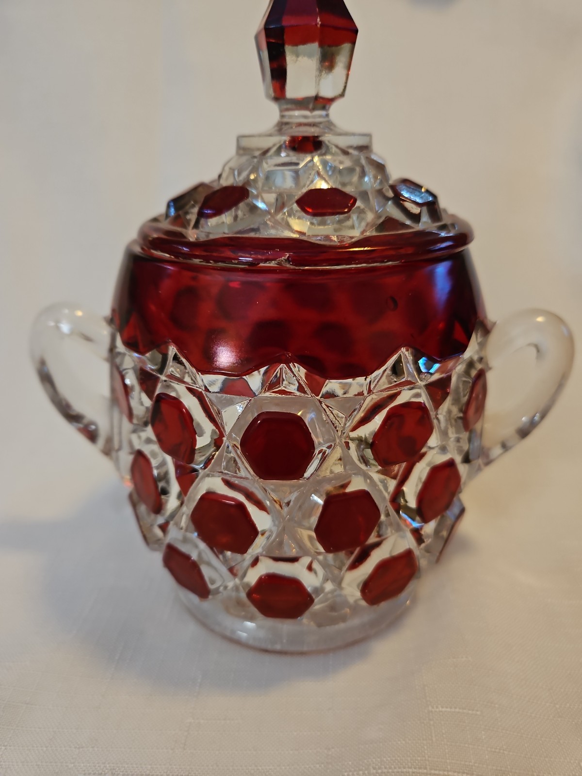 Antique 1890s Bryce Brthers EAPG Red Block LG Lidded 2 handled Sugar Bowl 8″