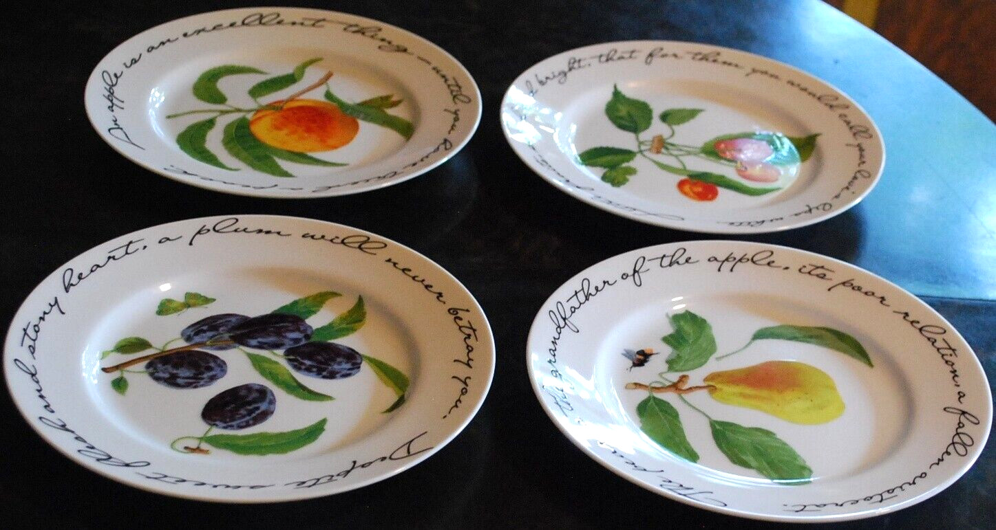 Vintage Set 4 ORCHARD SUITE Williams Sonoma Dessert Plates FRUIT/POETRY 7 7/8″