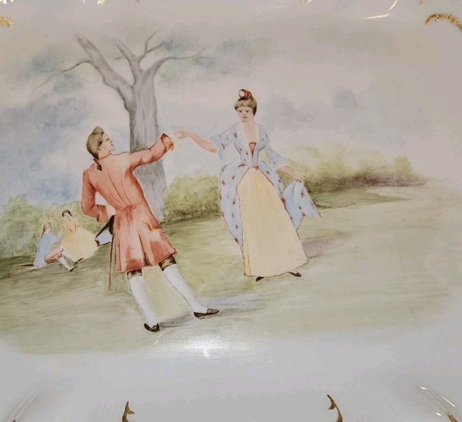 Limoges CFH GDM Hand Painted 11″ Handled Tray Courting Scene 1893 Gilt Antique
