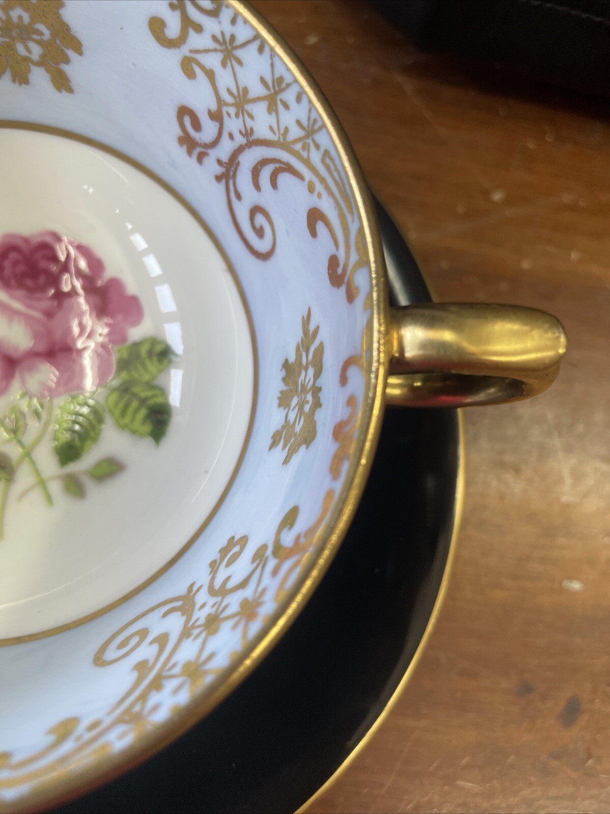 Antique Rare English Windsor Black Gilded Floating Rose Teacup & Saucer Set