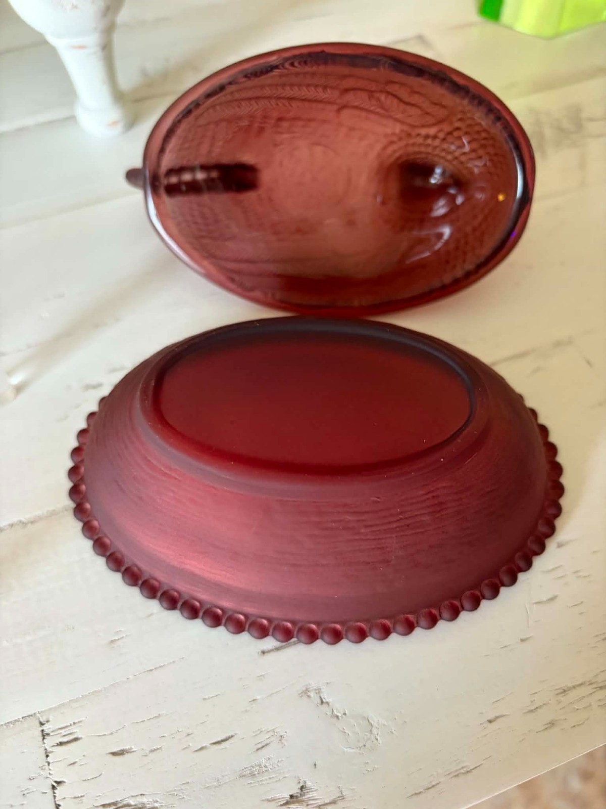 Burgandy Glass Hen on a Nest HON Covered Dish Satin Matte Pressed Glass Oval 5”