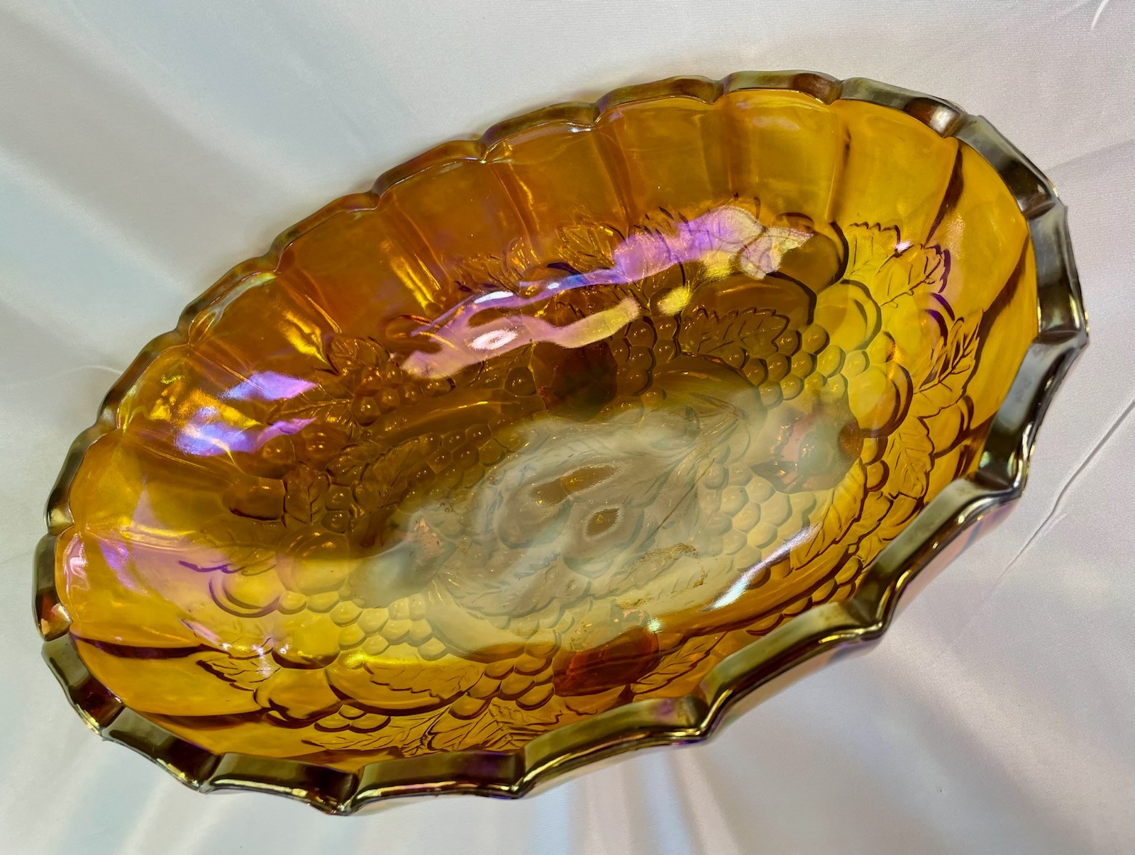 Vintage Carnival Glass Amber Iridescent Fruit Bowl 12” LG Footed Oval Indiana