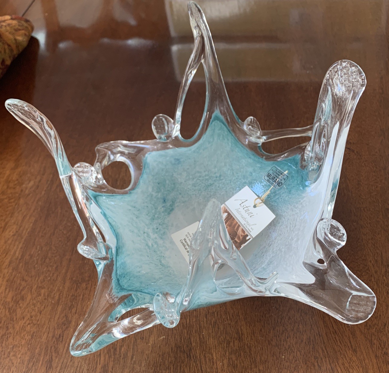 Murano Style Art Glass Mouth Blown Bowl Teal Aqua Blue White Exquisite All Tags