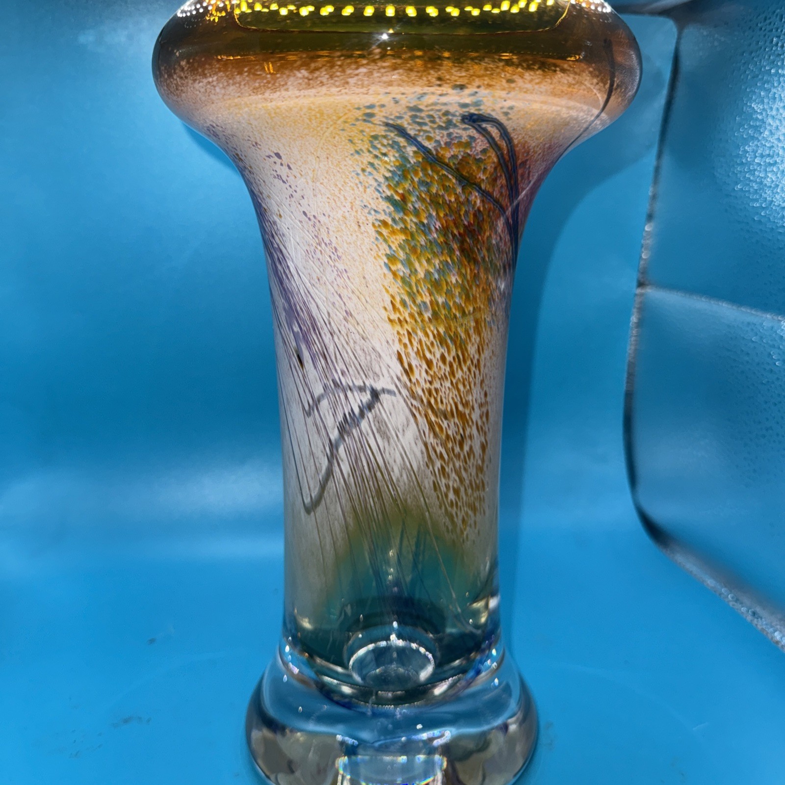 Stunning EARL O. JAMES Art Glass Vase Vintage Signed 10.5” Tall Abstract Colors