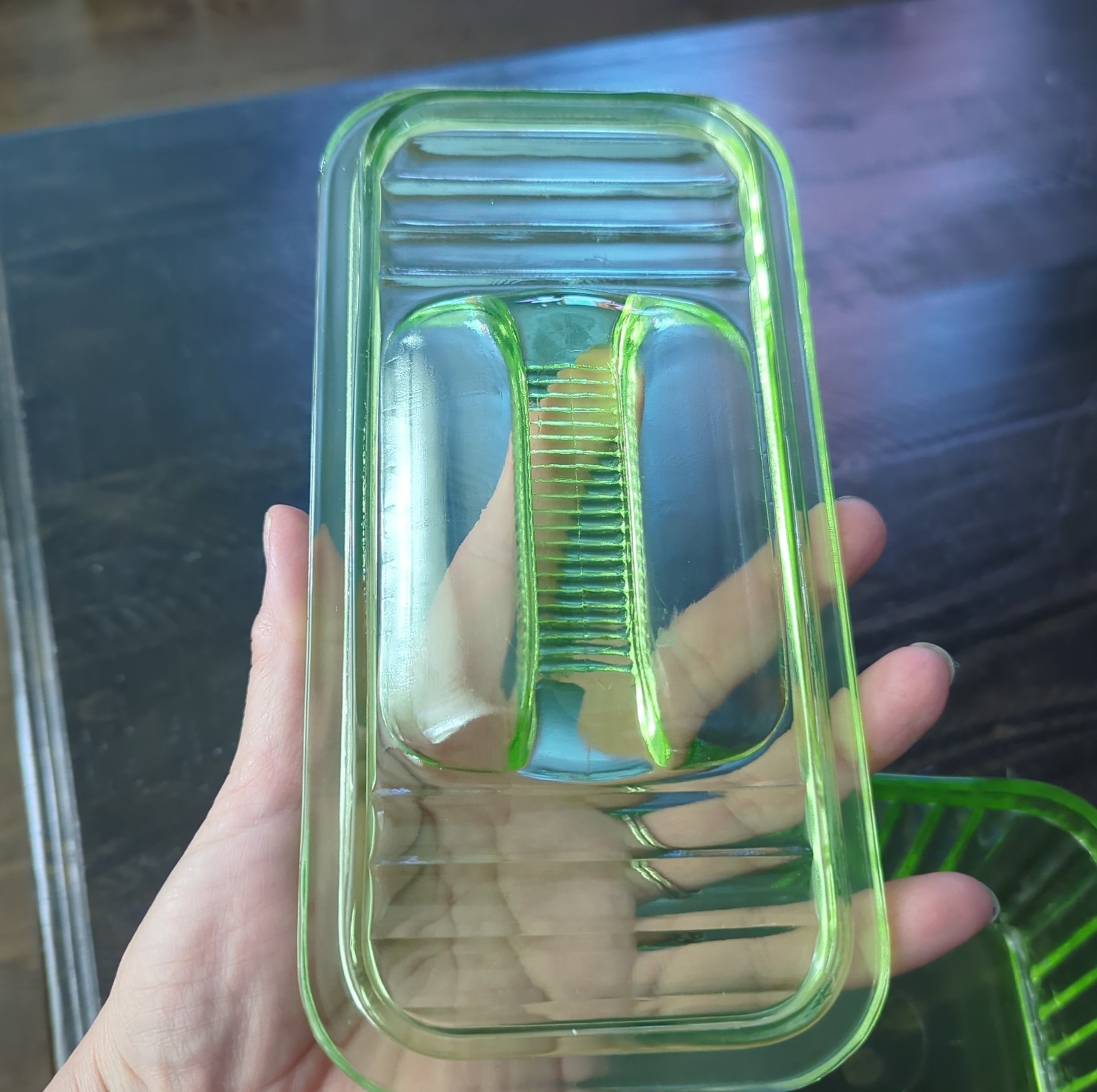 1930s Green Depression Uranium Vaseline Glass Ribbed Frig Dish/Lid 8.5”