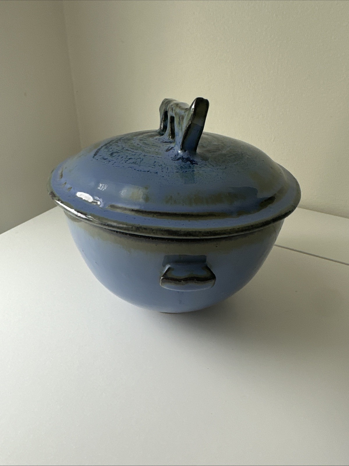 Vintage Studio Pottery Covered Bowl Blue Glaze Handmade Ceramic Dish