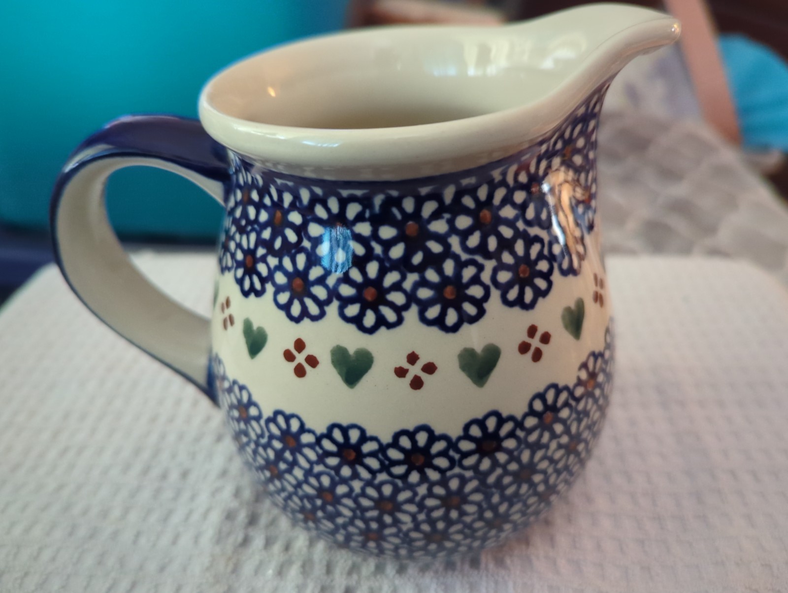 Boleslawiec Polish Pottery Hearts, Blue & White 24 Oz. Milk/Water Pitcher 5.25″