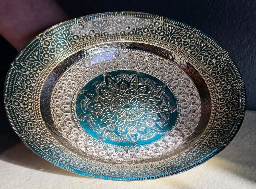Turkish Glass Round Oval Serving Gold Green 11.5″ X 9″ X 2.5″ Beautifully Made