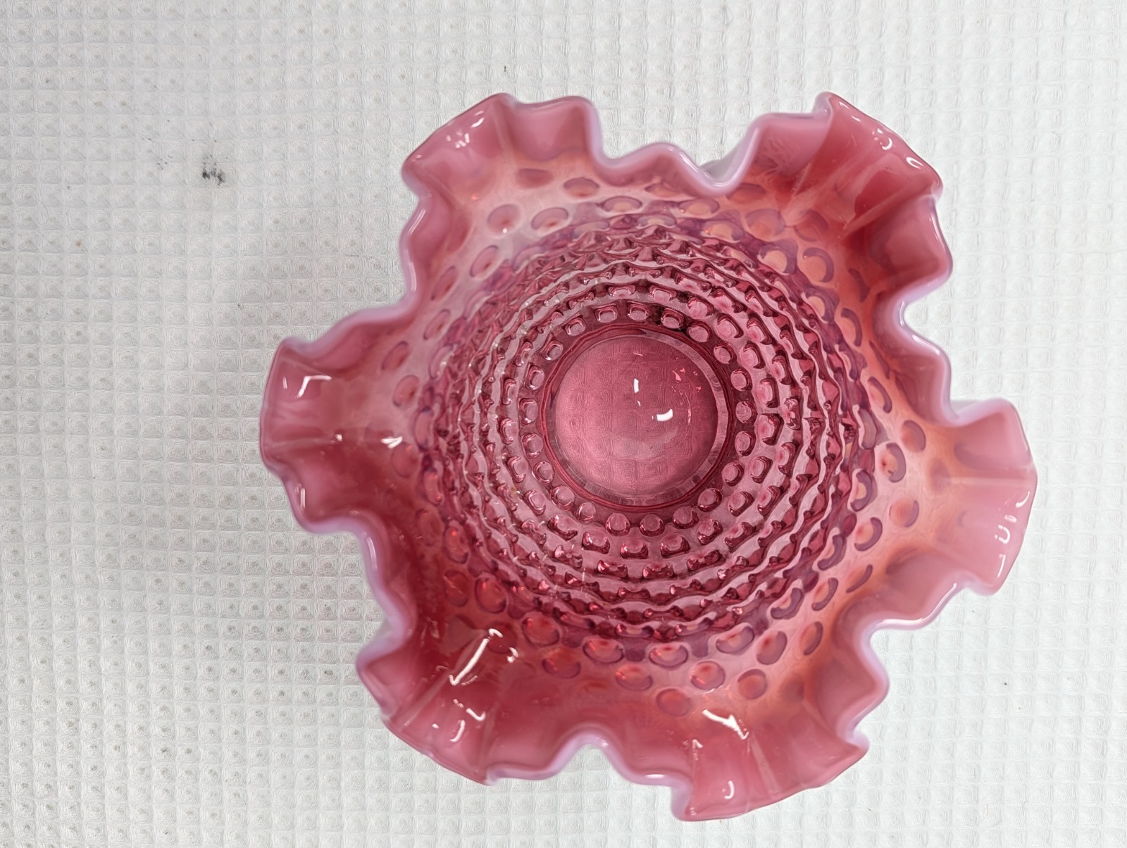 Fenton Cranberry Opalescent Candy Bowl Dish Hobnail Ruffled Vtg Snap Ring Marks