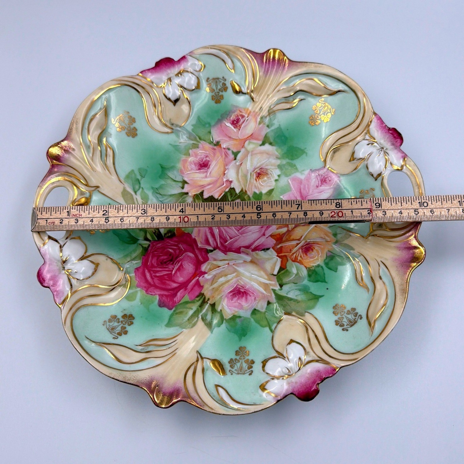 RS Prussia Style Antique Handled Porcelain Cake Rose Floral Gold Design 10″