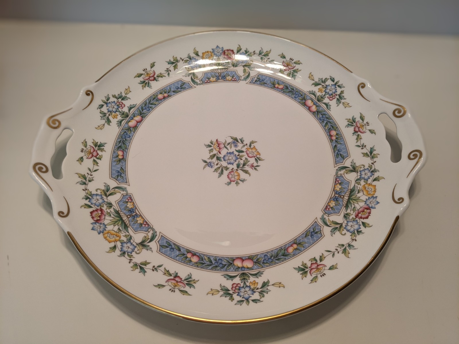Round Handled Porcelain Cake Platter Floral Pattern Blue Border Gold Trim