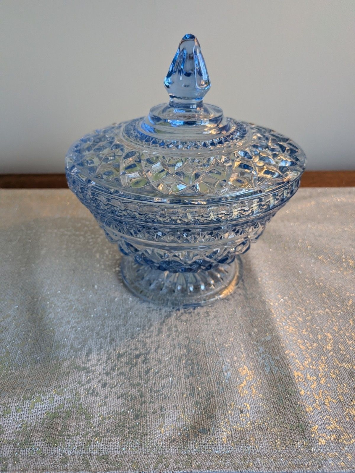 Anchor Hocking WEXFORD Vtg Sapphire Light Blue Footed Compote w/ Lid Candy Dish