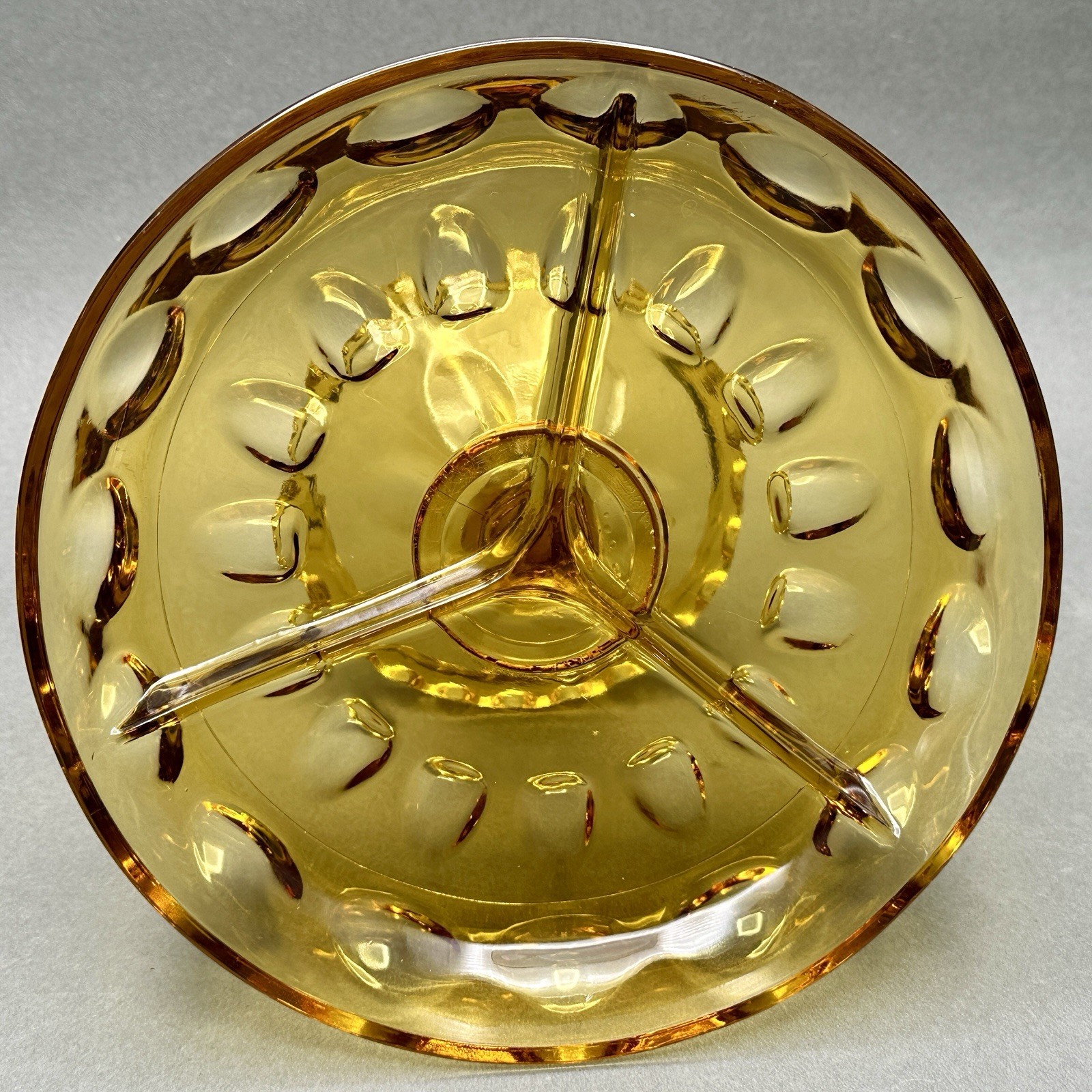 Vintage Hazel Atlas Golden Amber Glass 3 Part Divided Pedestal Serving Dish