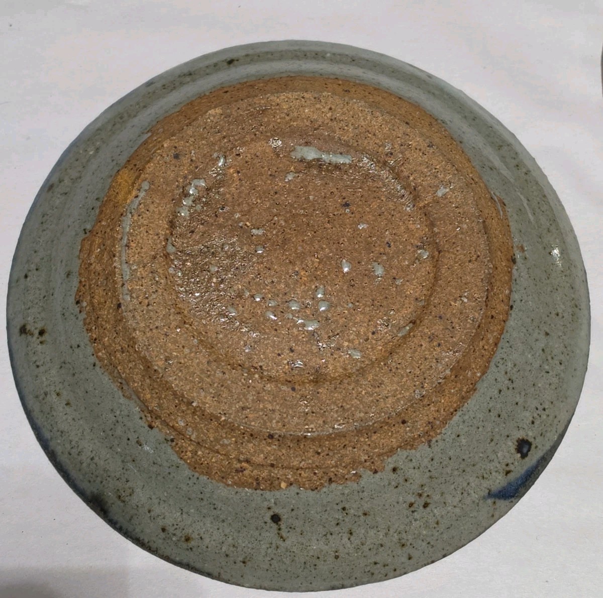 Artist Hand Thrown Pottery Lidded Butter Dish Round 6.5″ Artisan Gray Blue Tan