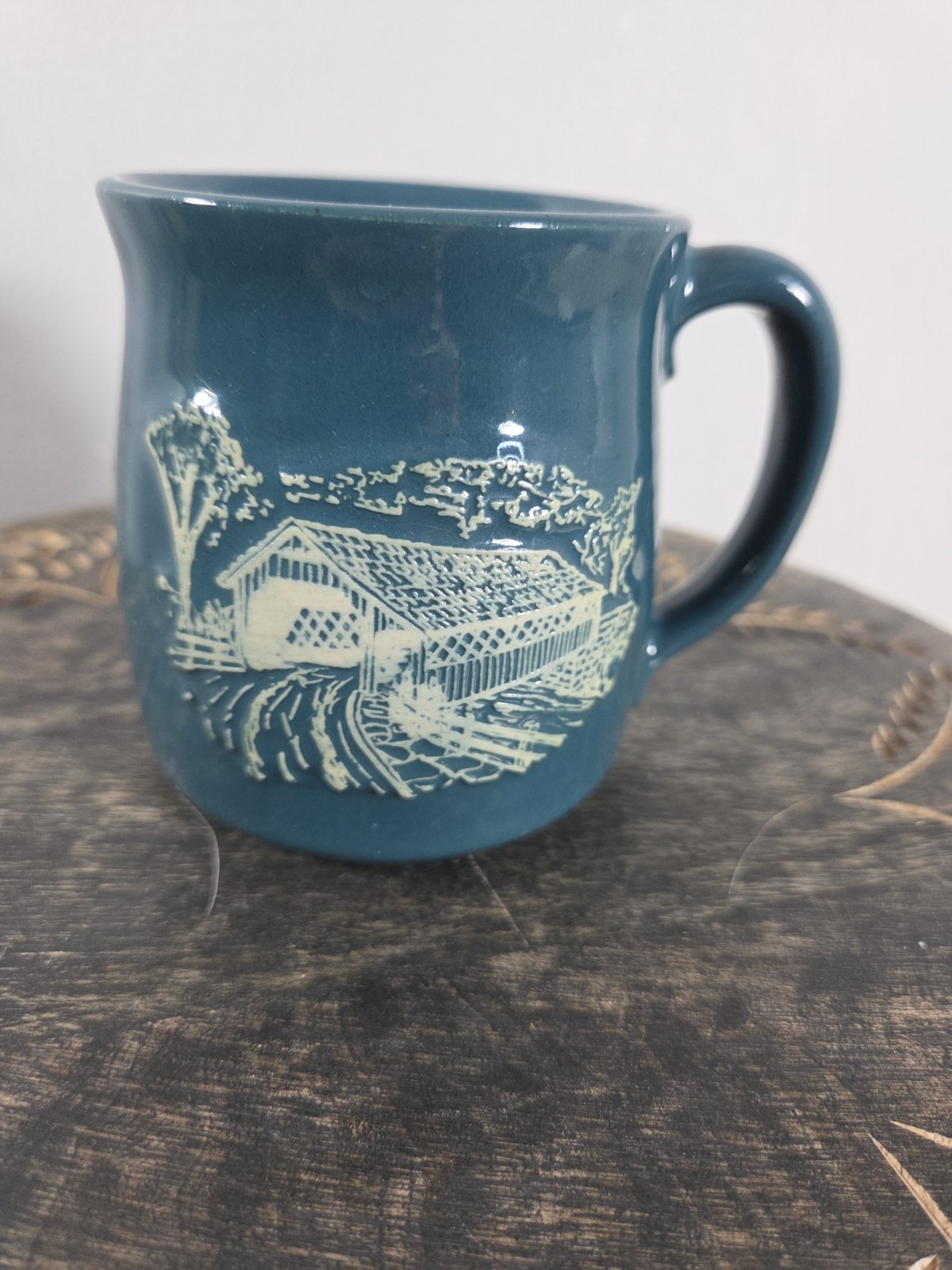 Covered Bridge Onion River Pottery Green Blue Coffee Cup Mug