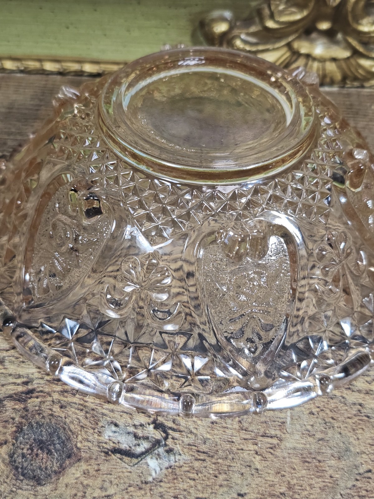 Vtg KIG Malaysia Pink Depression Glass Footed Candy Dish Heart & Rose Pattern