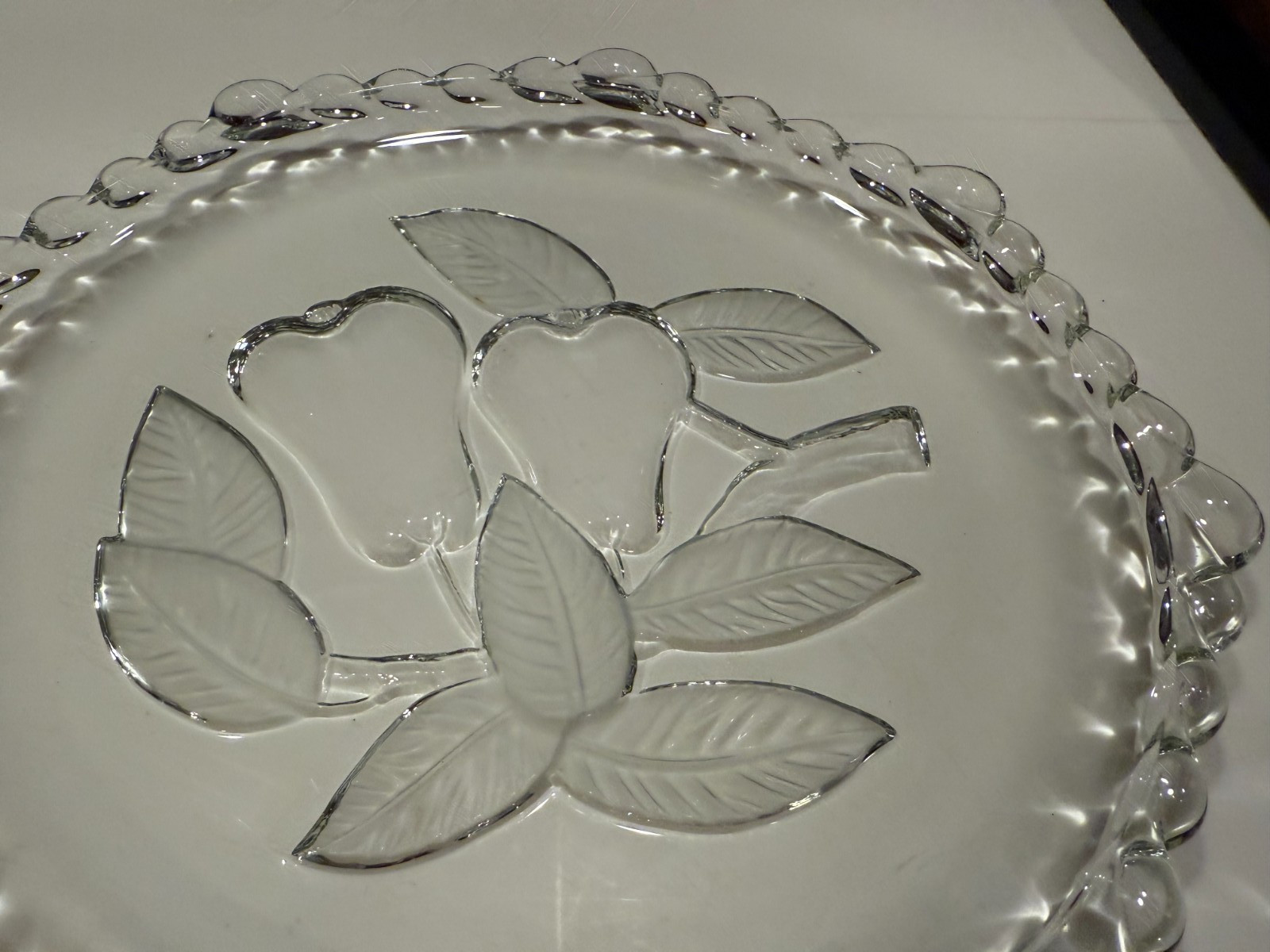 Cake Plate 13″D Frosted FRUIT AND Leaves SMALL GLASS BALLS RIM