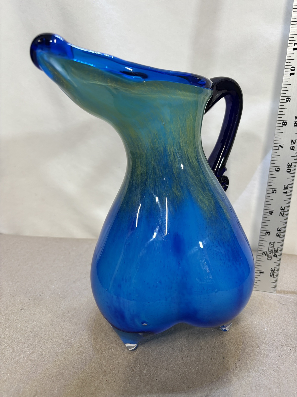 Hand Blown Murano 3 Sided Cased Cobalt Blue to Yellow Glass Pitcher #2
