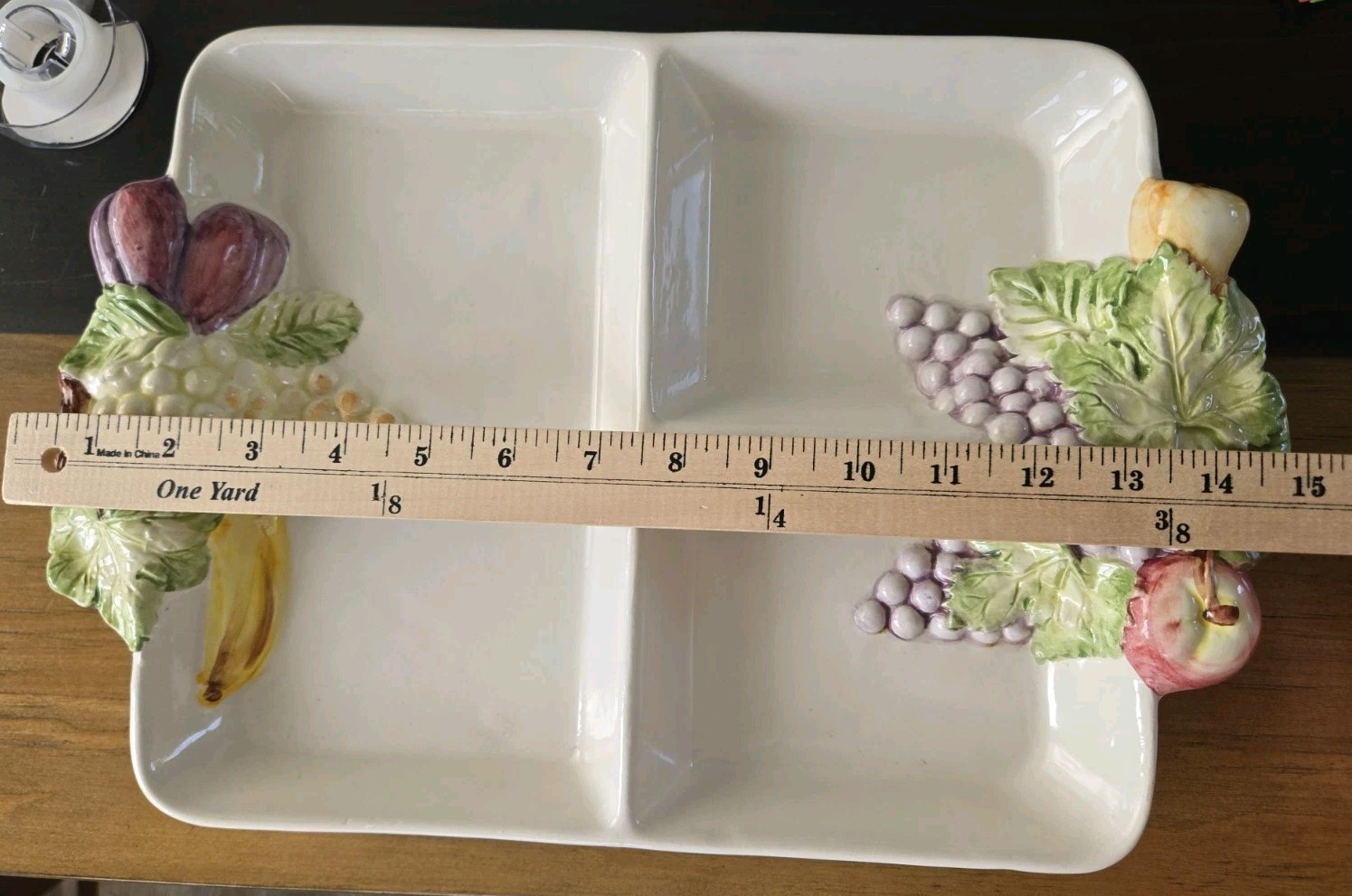 VTG Ceramic sectioned barbotine Serving Tray Made In Portugal Hand Painted Fruit
