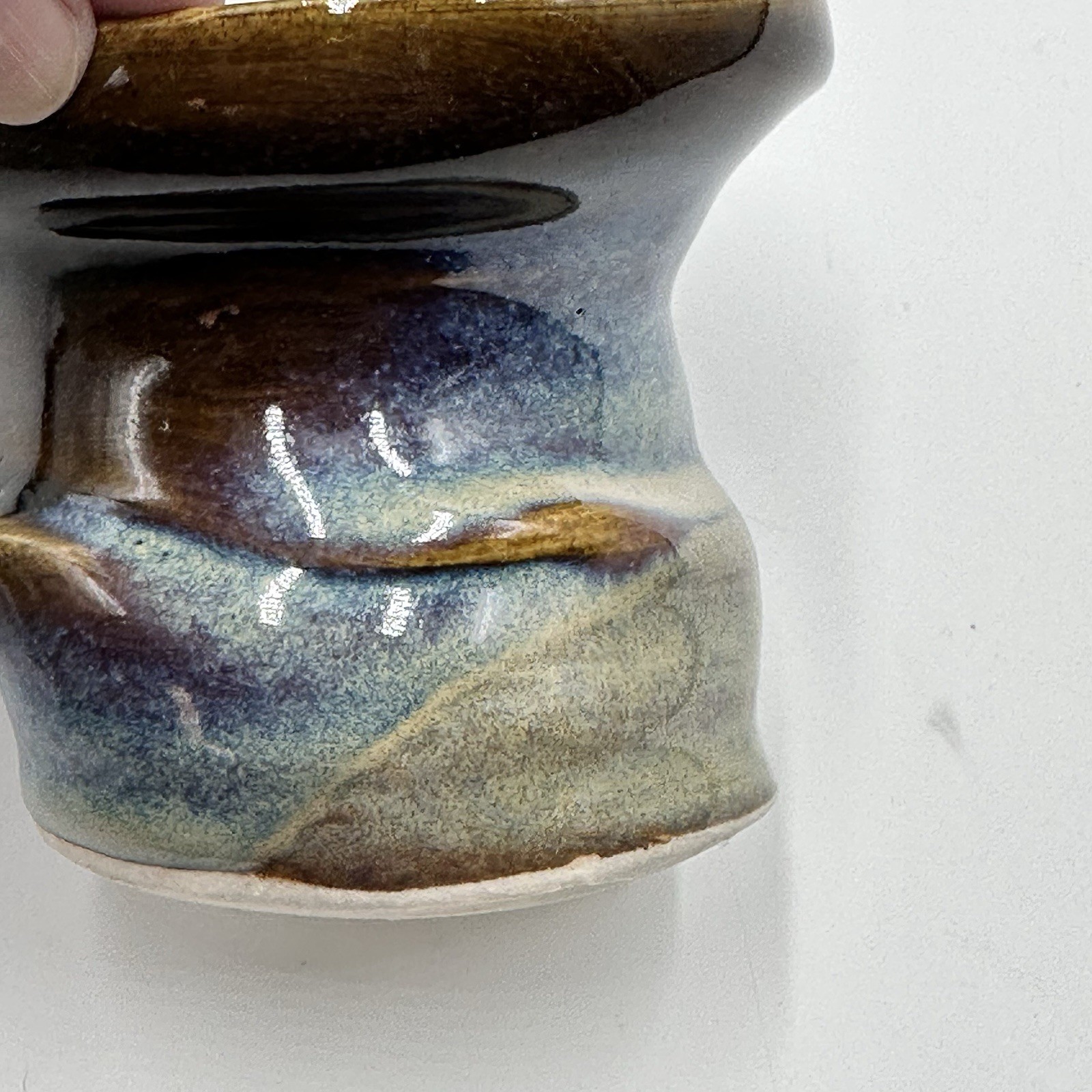 Studio Art Asymmetrical Warped Pottery Cup Blue Drip Glazed Artist Initialed