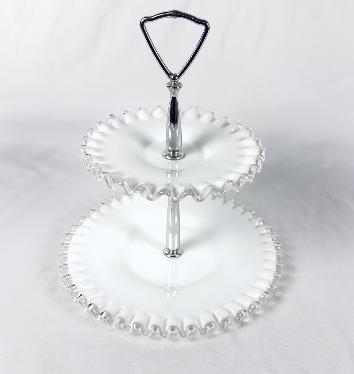 Fenton Silver Crest 2 Tier Server Tray Appetizer Candy White Milk Glass Ruffled