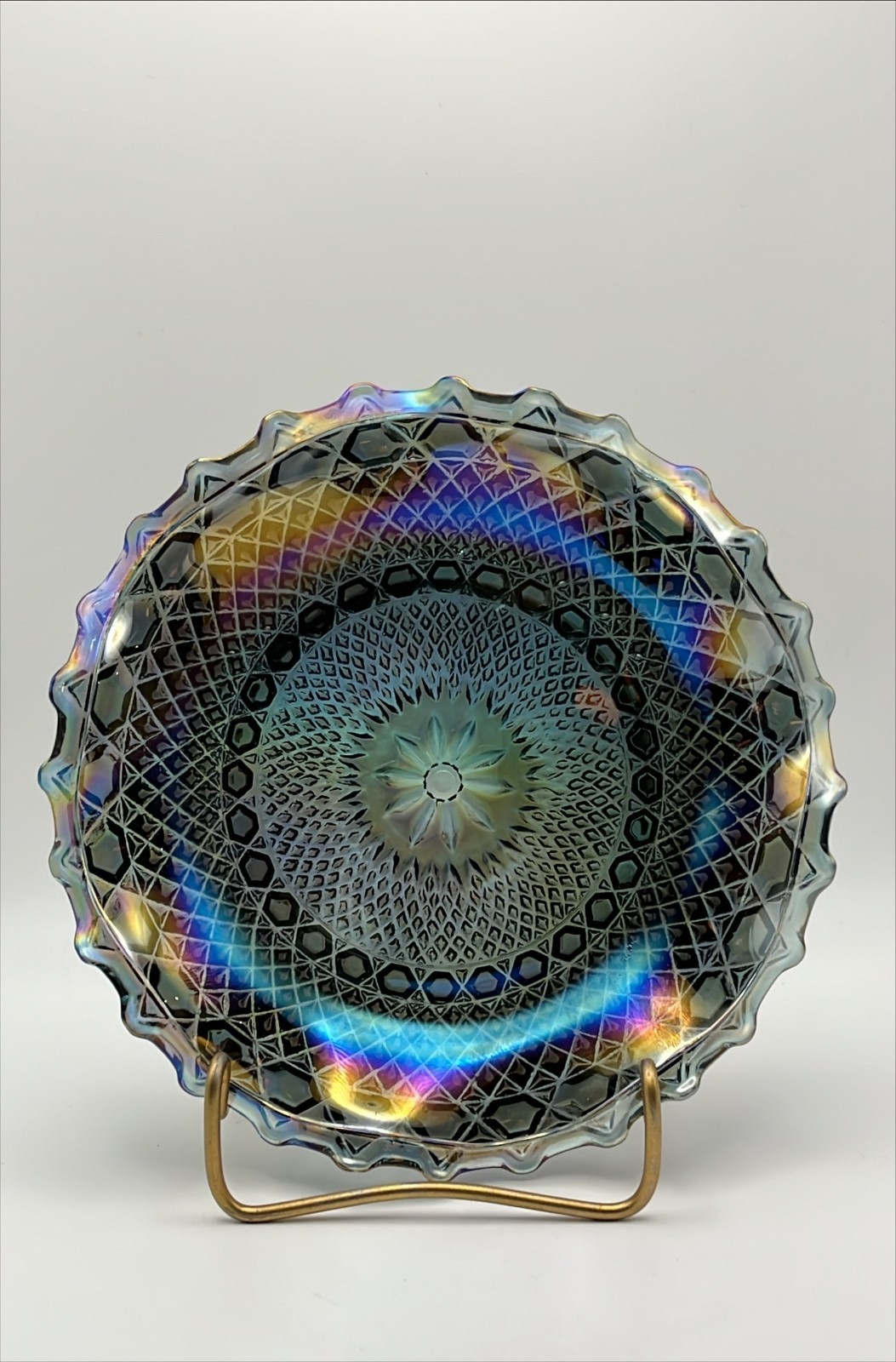 Vintage Indiana Glass Windsor Blue Carnival Glass 6.5″ Iridescent Plate Ruffled