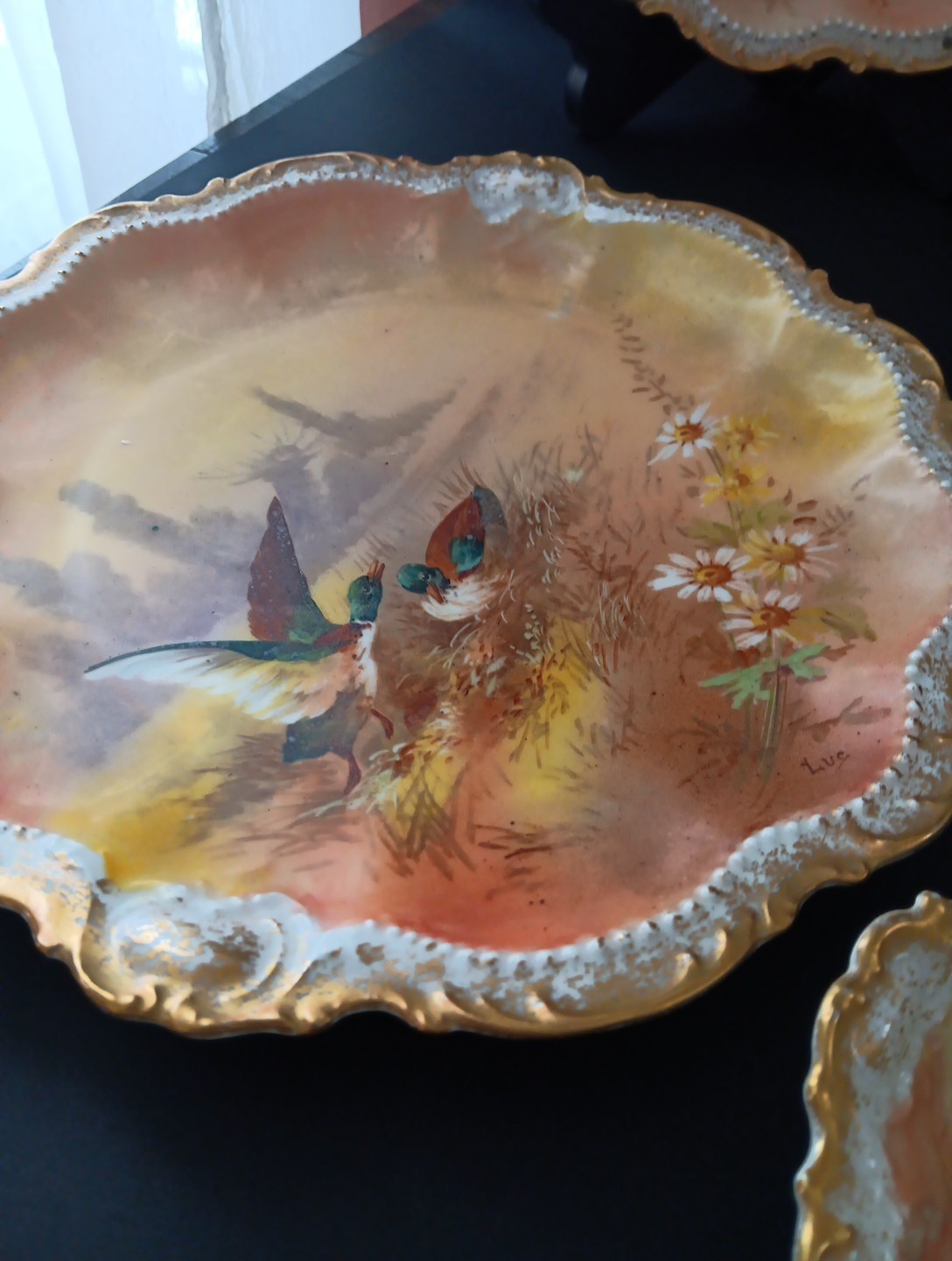 11 Antique 1906 Limoge Game Plate Set Coronet Signed LUC Sauce Bowls HP